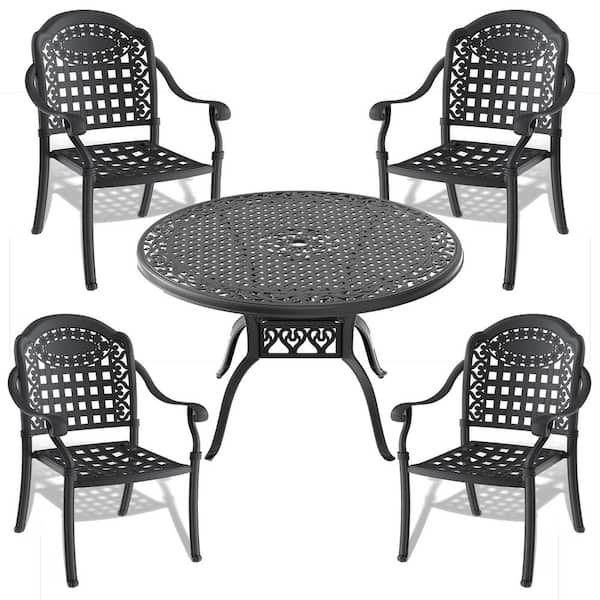 ToolCat 5-Piece Black Cast Aluminum Outdoor Dining Set, Patio Furniture with 47.24 in. Round Table and Random Color Cushions