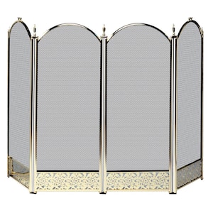 Polished Brass 52 in. W 4-Panel Steel Frame Fireplace Screen with Decorative Filigree and Heavy Guage Mesh