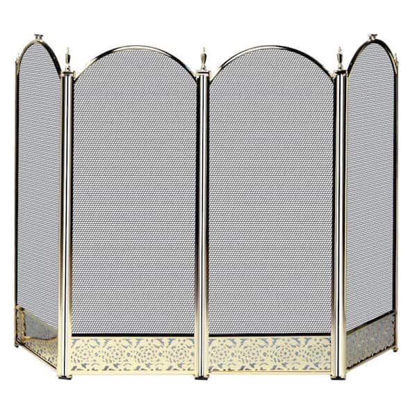 UniFlame Polished Brass 52 in. W 4-Panel Steel Frame Fireplace Screen with Decorative Filigree and Heavy Guage Mesh