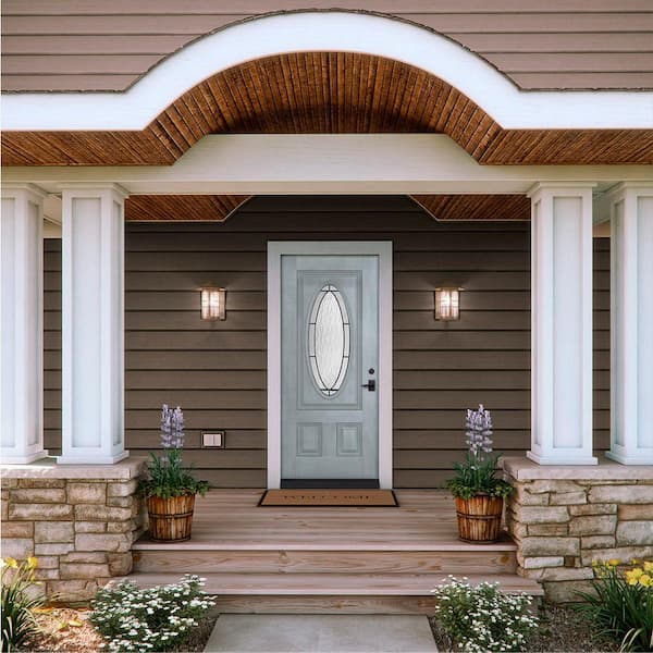 32 in. x 80 in. 3/4 Oval Lite Wendover Stone Stained Fiberglass Prehung Left-Hand Inswing Front Door