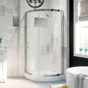Breeze 34 in. L x 34 in. W x 76.97 in. H Corner Shower Kit with Clear Framed Sliding Door in Chrome and Shower Pan