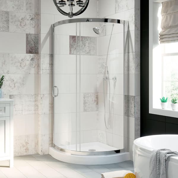 OVE Decors Breeze 34 in. L x 34 in. W x 76.97 in. H Corner Shower Kit with Clear Framed Sliding Door in Chrome and Shower Pan