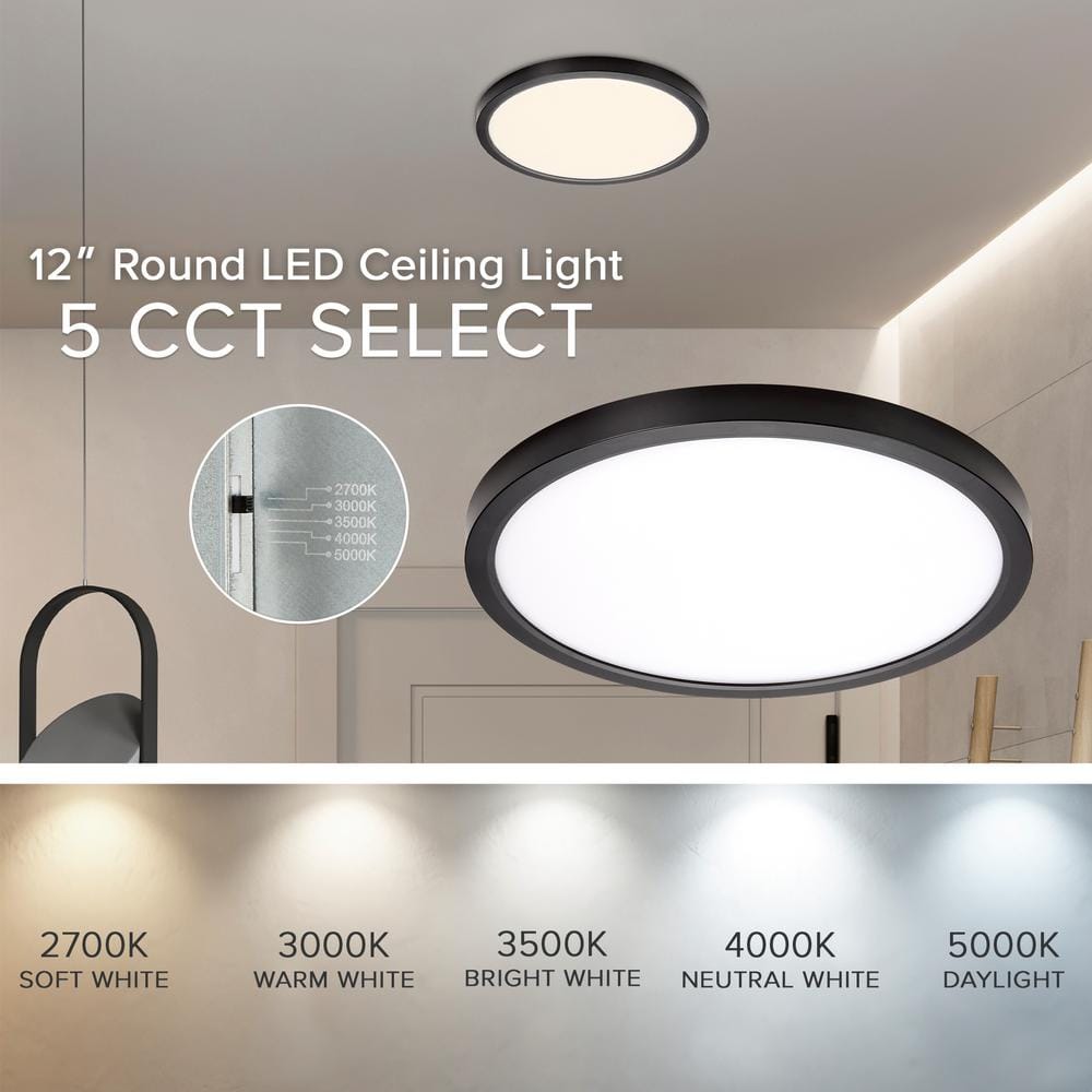 12-Inch Black Aluminum Round LED Flush Mount Ceiling Light