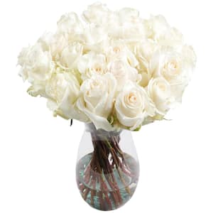 25-Stem White Roses with Glass Vase-Fresh Cut Rose Arrangement