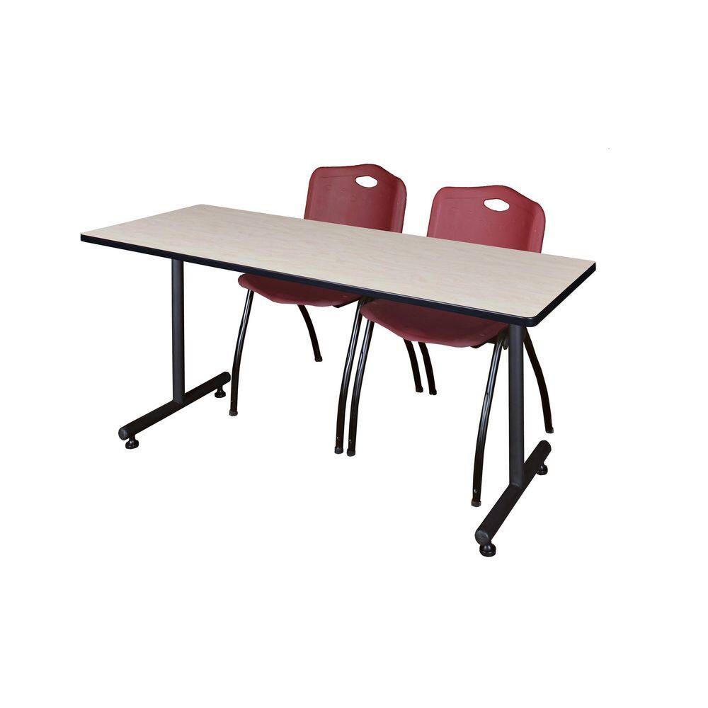 Kobe 60 in x 24 in. Maple T-Base Training Seminar Table Desk, 2 M Stack Chairs-Burgundy