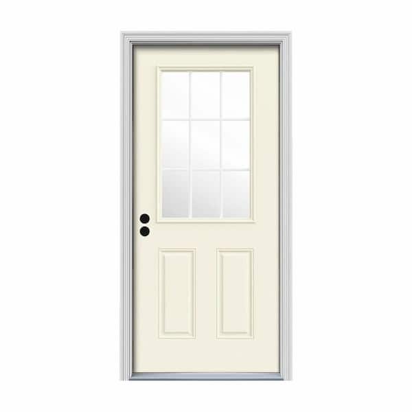 JELD-WEN 30 in. x 80 in. 9 Lite Vanilla Painted Steel Prehung Right-Hand Inswing Entry Door w/Brickmould