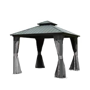 10 ft. x 10 ft. Gray Aluminum Hardtop Gazebo with Steel Double Canopy, Curtains and Netting for Patio Deck Backyard