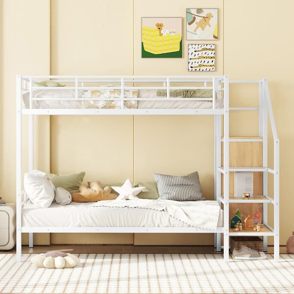 White Twin over Twin Metal Bunk Bed with Wood Lateral Storage Staircase and Built-in Wardrobe