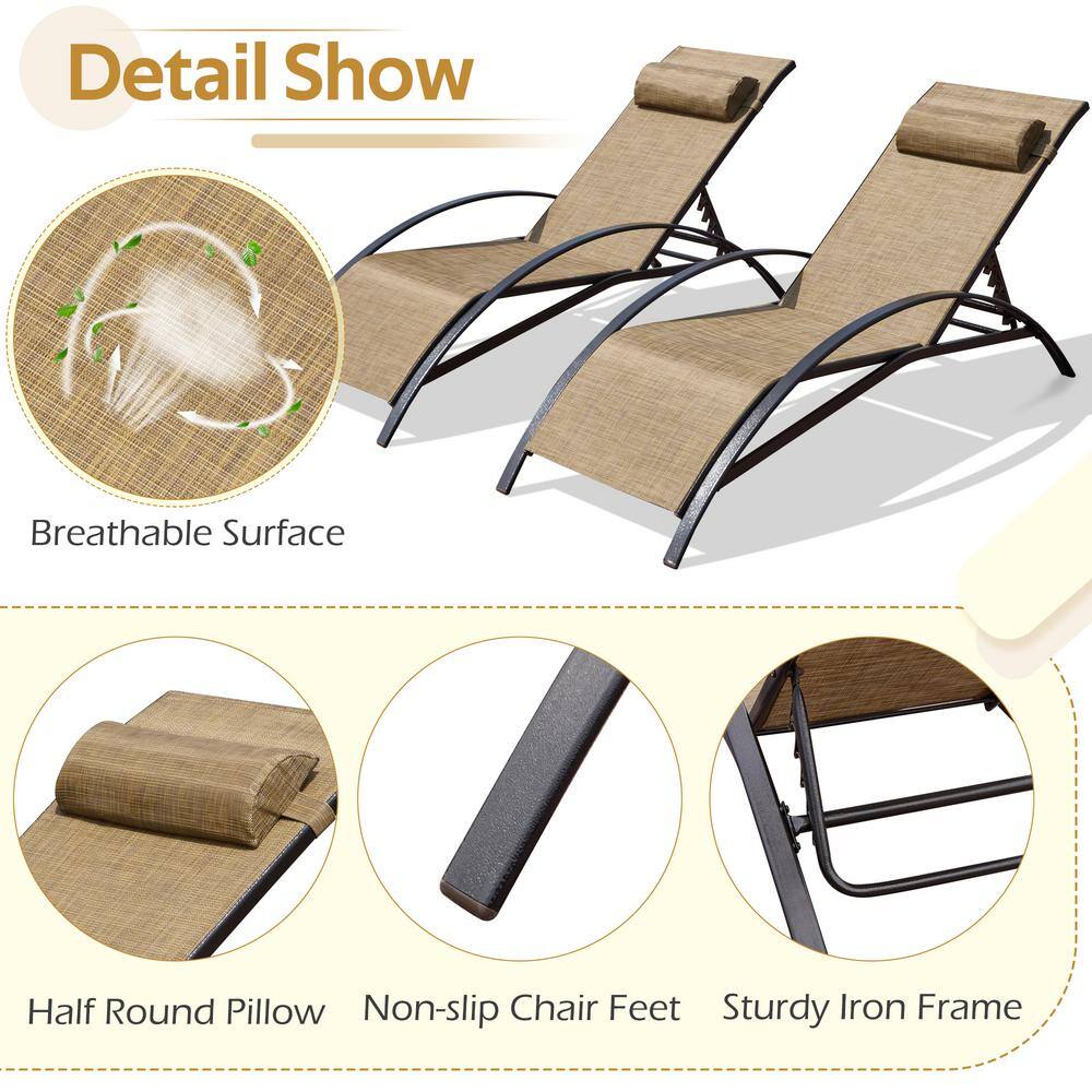 Set of 2 Adjustable Brown Textilene Fabric Chaise Lounges with Black Aluminum Frame