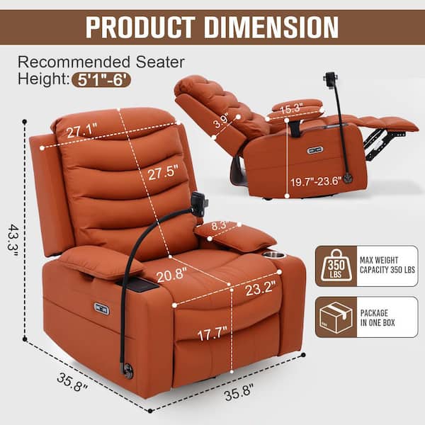 28 in. Orange PU Leather Power Swivel Recliner Chair with Heat and Cooling Cup Holders