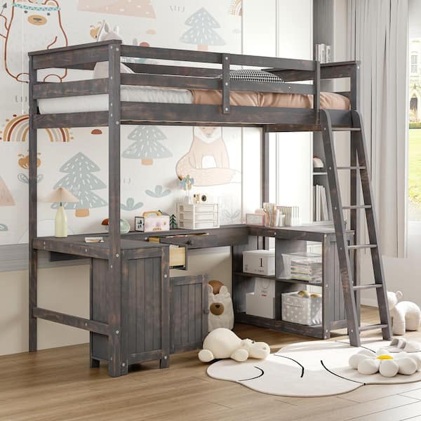 Qualler Antique Brown Twin Size Loft Bed with U-Shaped Desk and Storage Shelves