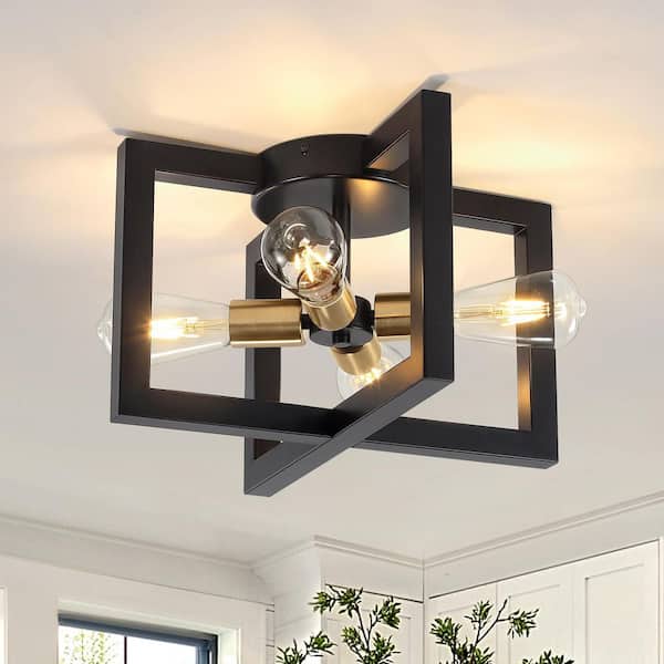 ZSMIHDOH 15 in. 4-Light Black and Gold Rectangle Frame Flush Mount Ceiling Light Fixture with Metal Shade