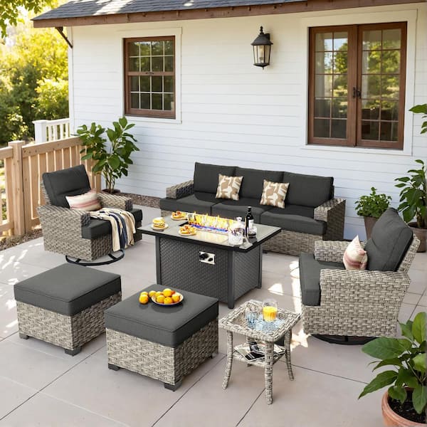 HOOOWOOO Kelleys 9-Piece Wicker Modern Outdoor Patio Conversation Sofa Set with a Fire Pit, Swivel Chairs and Black Cushions