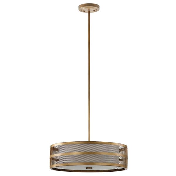 SAFAVIEH Greta Veil 4-Light Antique Gold Drum Hanging Pendant Lighting with Etched Off-White Shade