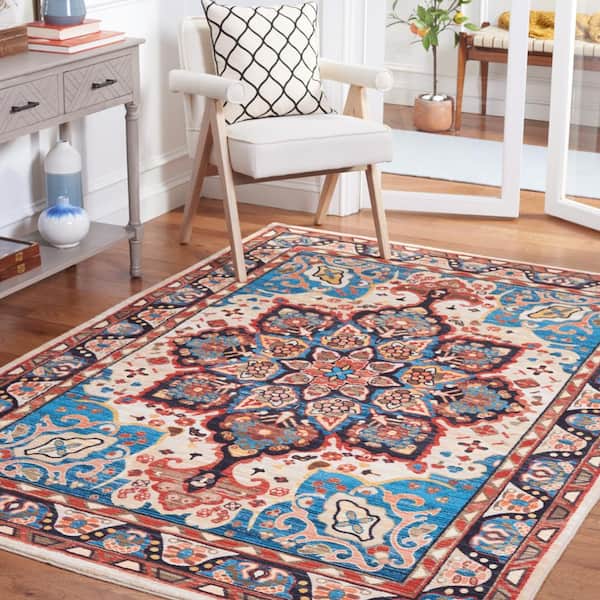 Riviera Blue/Beige 7 ft. x 7 ft. Machine Washable Medallion Border Square Area Rug
