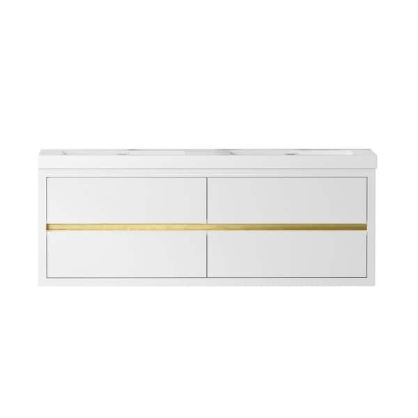 60 in. Wall-Mounted Glossy White Bath Vanity with Glossy White Solid Surface Top Assembled