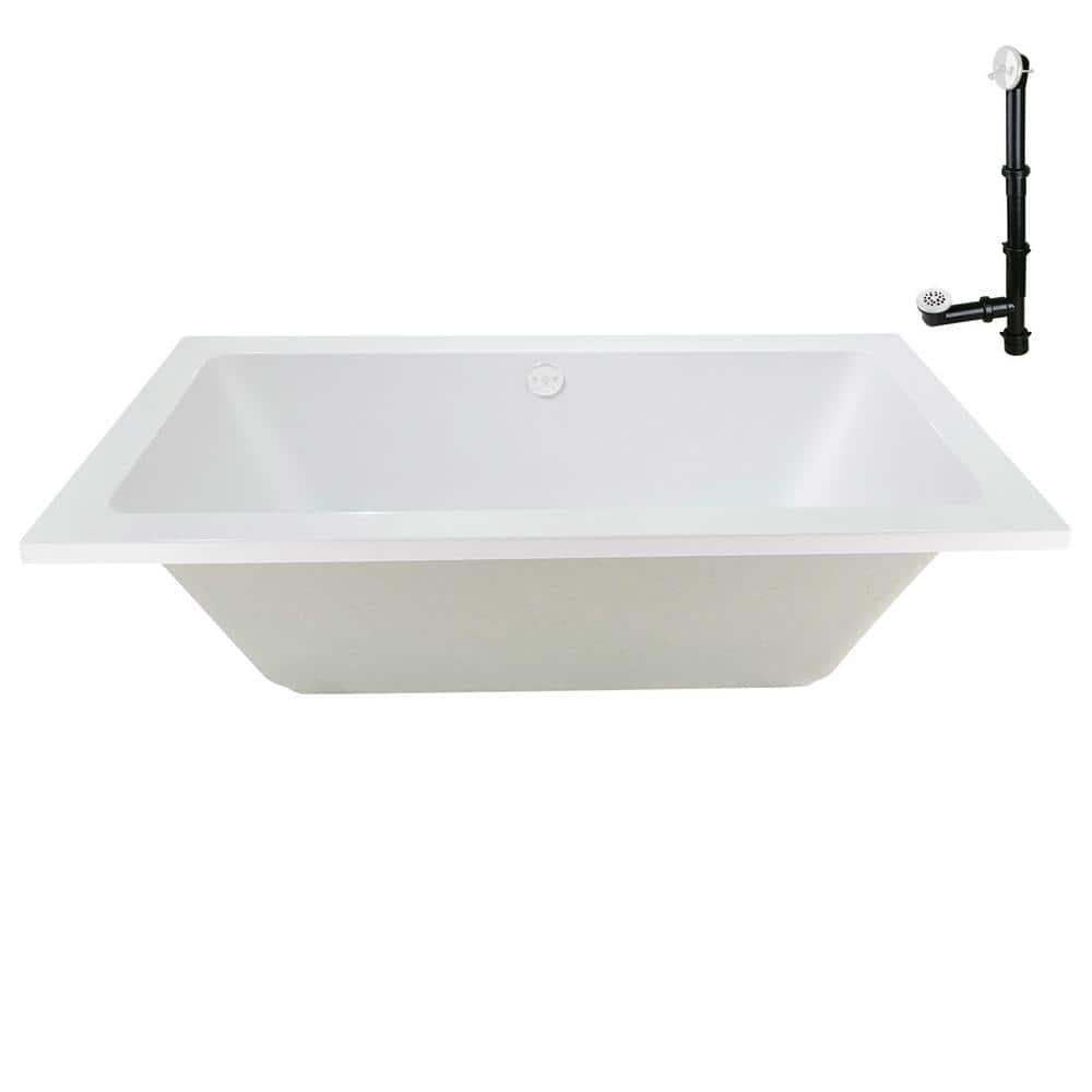 66-Inch Glossy White Acrylic Drop-In Soaking Bathtub with Center Drain