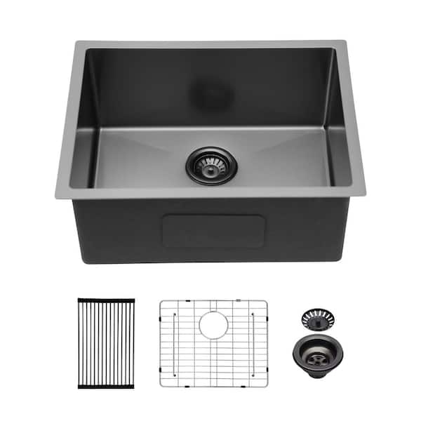 Gunmetal Black Kitchen Sink, 23"x 18"x 10" Undermount Single Bowl Basin, 16 Gauge Stainless Steel with 10-Inch Depth