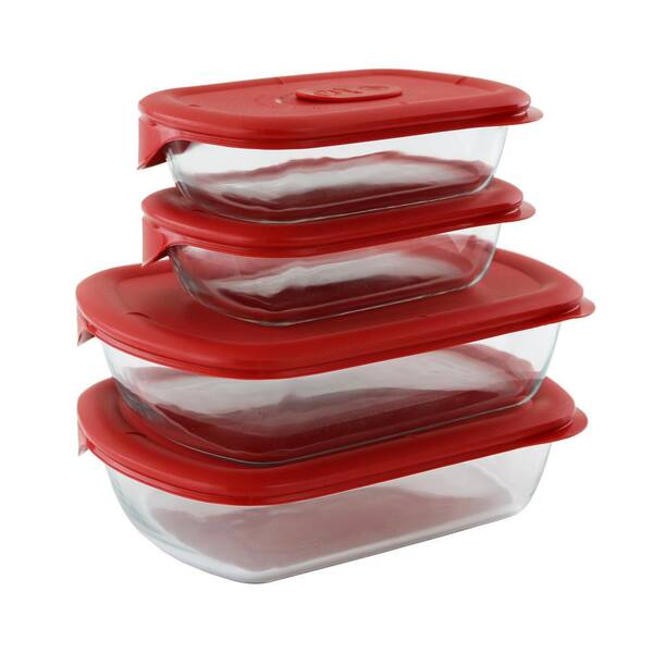 Pyrex Pro 8-Piece Rectangle Glass Storage Set with Red Lids