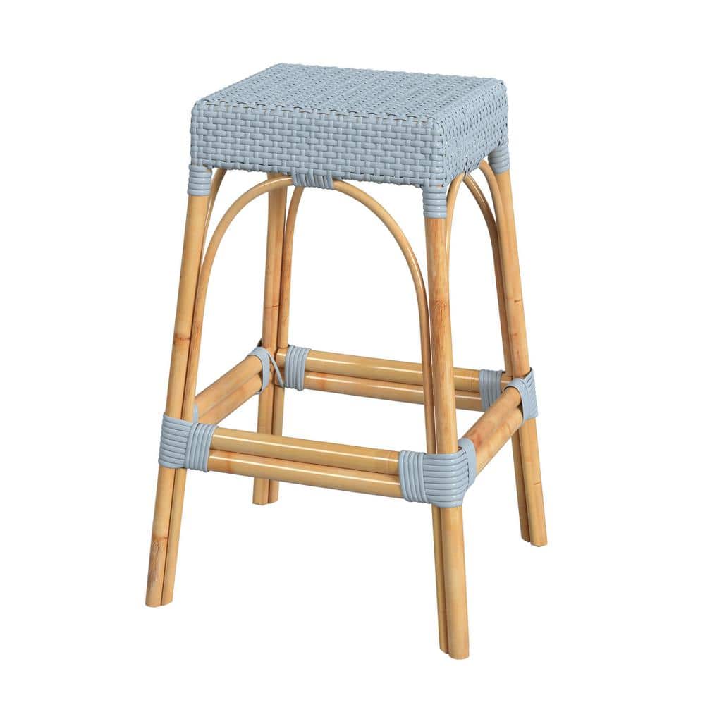 Baby Blue Rattan Backless Bar Stool with Natural Wood Frame