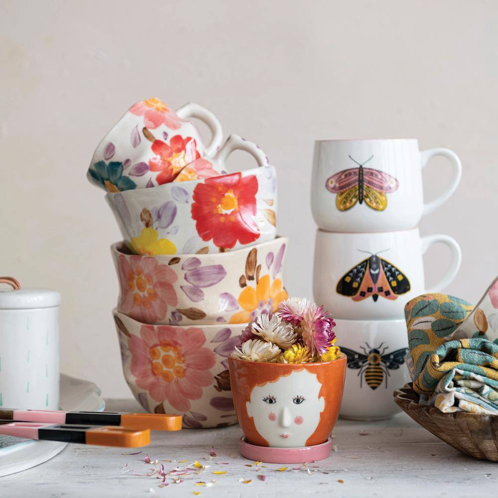 Set of Four White Ceramic Mugs with Winged Insects