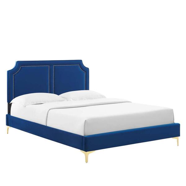 MODWAY Novi Blue Performance Velvet Frame Full Platform Bed with Reinforced Center Beam MOD6803