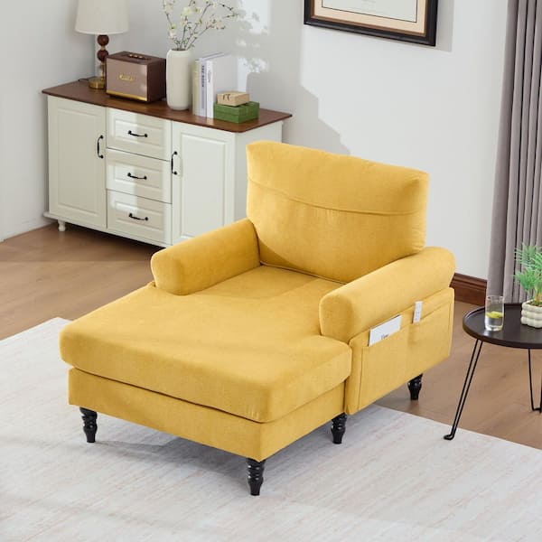 Myra 38.2 in. Mustard Yellow Chenille Upholstered Rolled Arm Chaise Lounge with Side Pockets