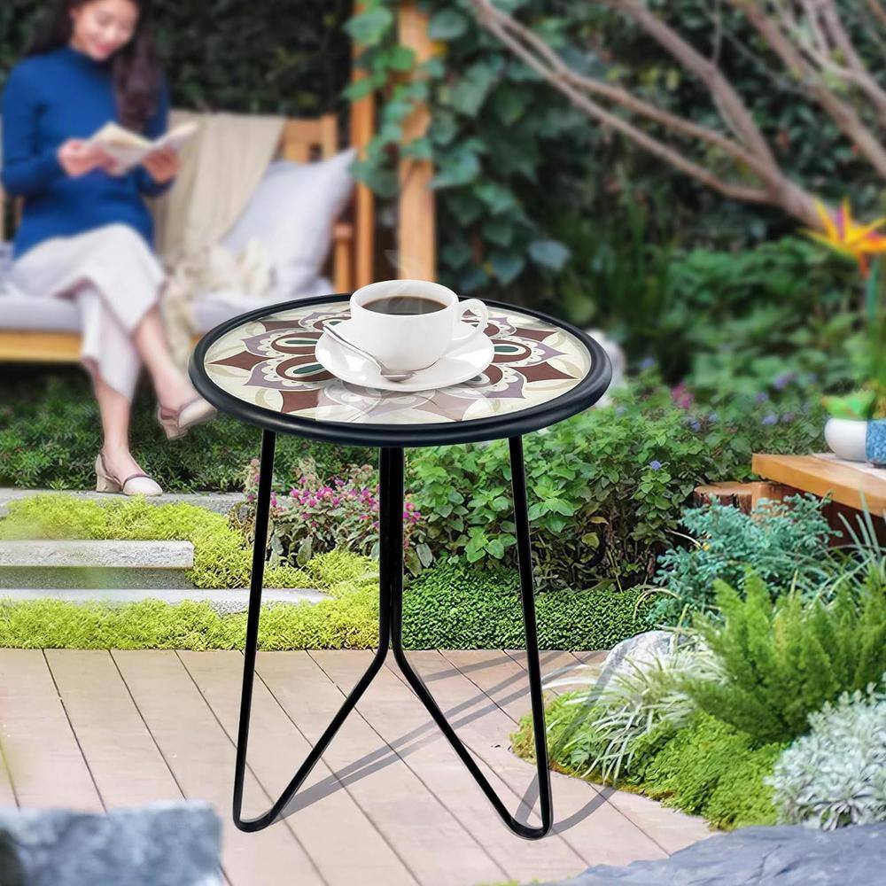 Metal & Glass Outdoor Side Table, 12 in. Weather Resistant Patio Accent Sid