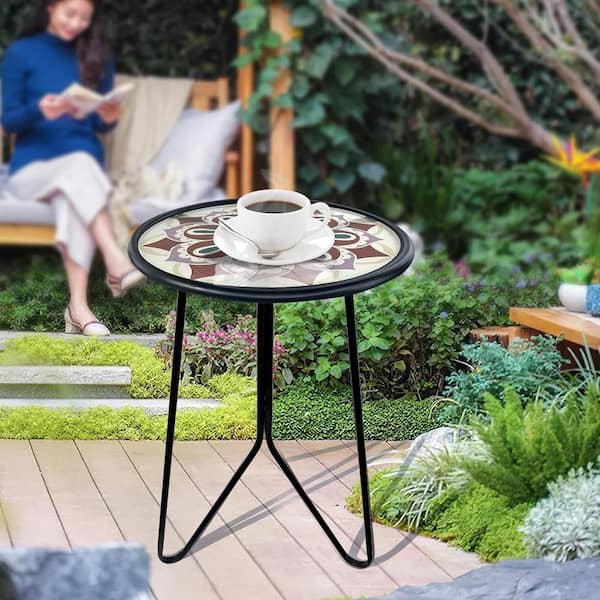 Unbranded Metal & Glass Outdoor Side Table, 12 in. Weather Resistant Patio Accent Side Table