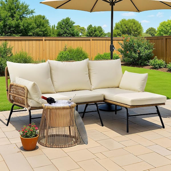 Boho Outdoor Wicker Rattan Lounge Chair with Removable Cushion, L-Shaped Patio Chaise Recliner Sofa for Deck, Porch