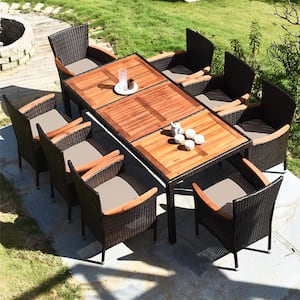 9-Piece Wood Rectangle Outdoor Dining Set with Beige Cushions