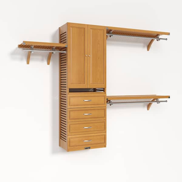 72 in. W - 120 in. W Honey Maple Walk in with 4 Drawers and Wood Door 16 in. Shelf Wood Closet System