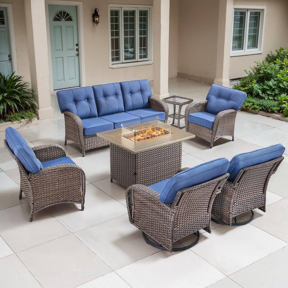 TWrap Brown 7-Piece Wicker Outdoor Patio Fire Pit Deep Seating Set with Navy Blue Cushions price history on PriceWatchPro