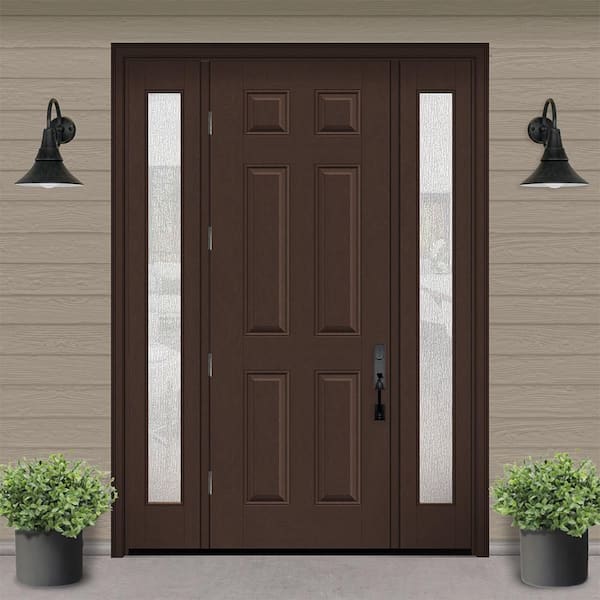 Regency 64 in. x 96 in. 6 Panel RHOS Chestnut Stain Mahogany Fiberglass Prehung Front Door w/Rain12in. SLs 4-9/16