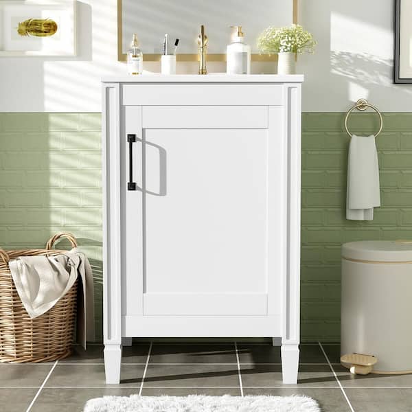 20 in. W Single Sink Modern Freestanding White Bath Vanity with White Ceramic Top Door Storage Rack (Unassembled)