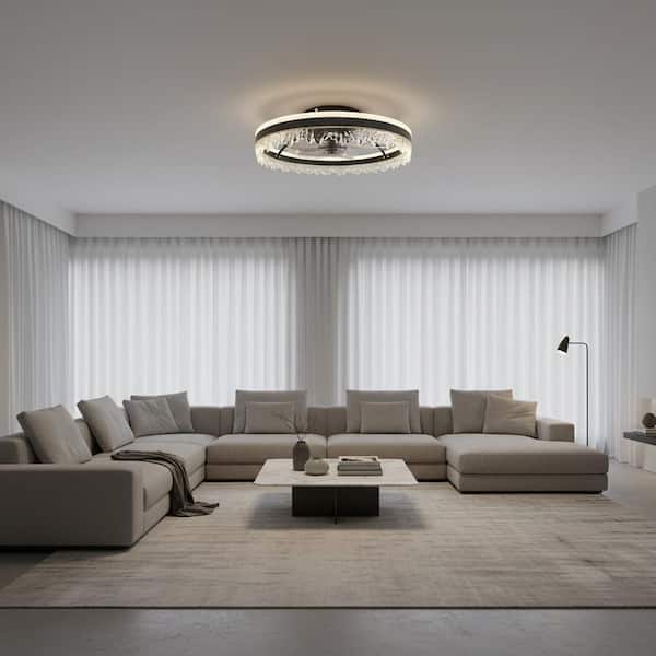 17.71 W in. Black Crystal Flush Mount Modern Ceiling Propeller Fan with Integrated LED Light, Remote and App Control