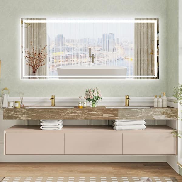 ANGELES HOME 72 in. W x 32 in. H Rectangular Frameless Anti-Fog Backlit Front Lighted Wall LED Bathroom Vanity Mirror, Tempered Glass