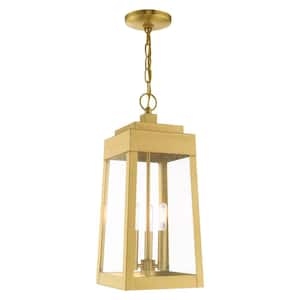 Vaughn 19.75 in. 3-Light Satin Brass Dimmble Outdoor Pendant Light with Clear Glass and No Bulbs Included