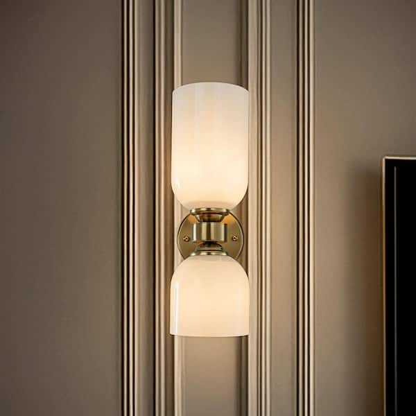 ALOA DECOR 5 in. Vintage Brass 2-Light Wall Sconce with Milky Glass Shades Dimmable Vanity Light for Bathroom Or Hallway