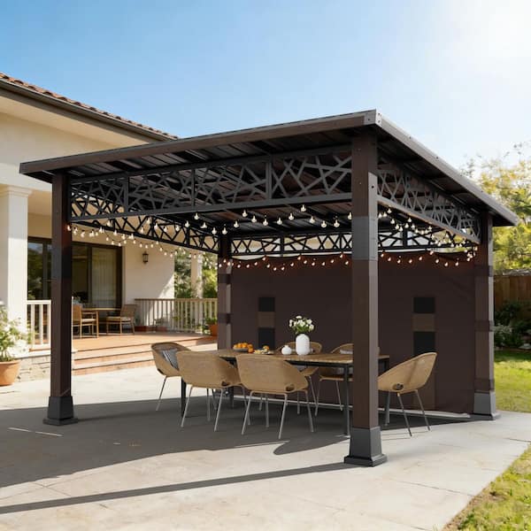 14 ft. x 12 ft. Solid Wood Outdoor Patio Gazebo with Hardtop Galvanized Steel Roof and Shade Curtain with Storage Pocket