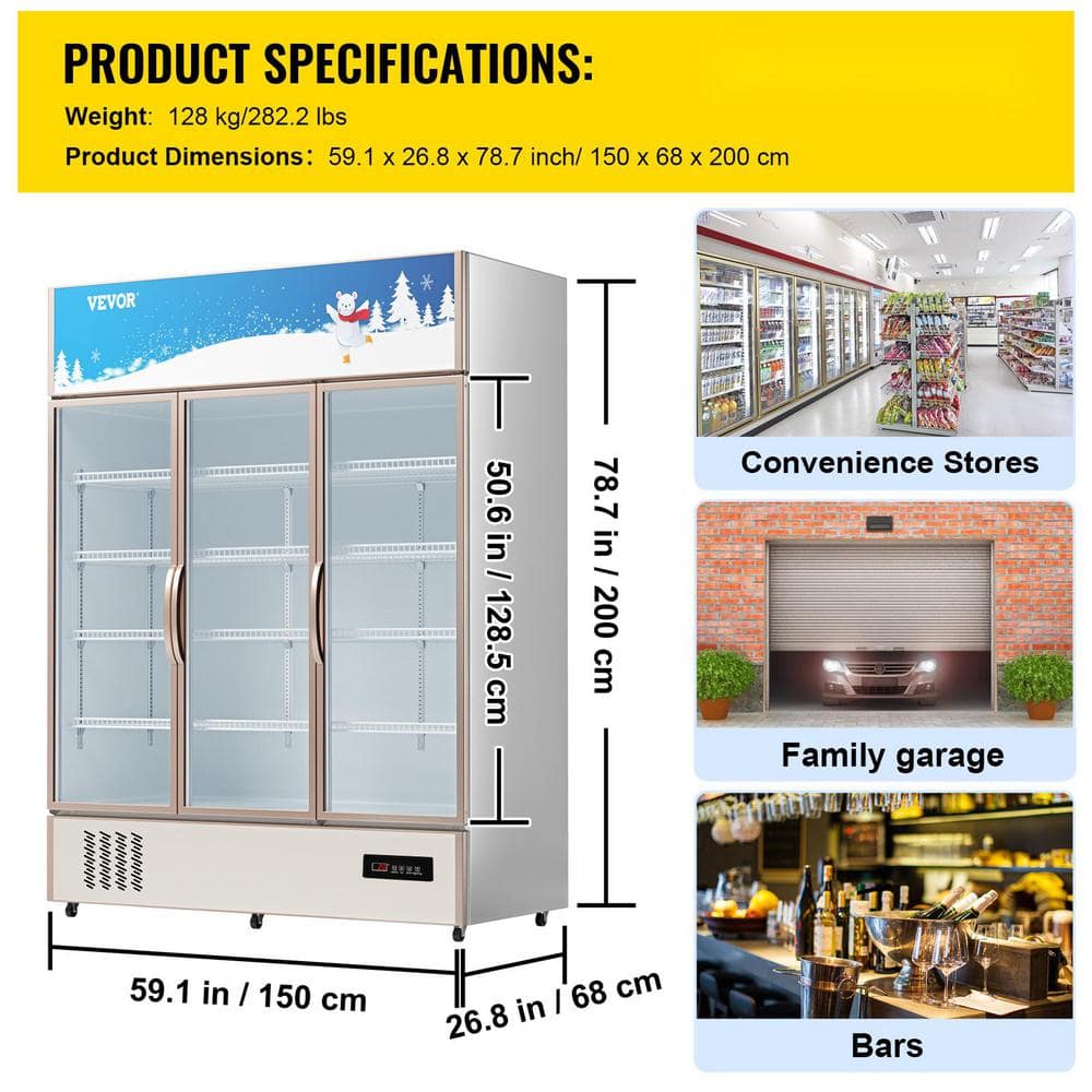 Silver Triple-Swing Glass Door Commercial Display Refrigerator