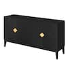 Black wood MDF buffet sideboard with gold handles and geometric pattern.