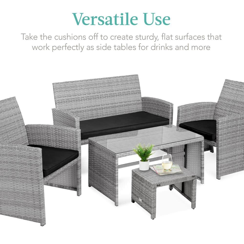 Gray and Black Wicker Outdoor Ottoman Set with Removable Cushions