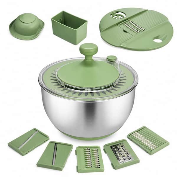 Large Stainless Steel Salad Spinner with 5-in-1 Cutting Blades, Egg Separator and Non-Slip Base