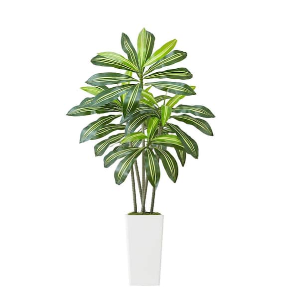 5 ft. Artificial Dracaena Tree, Fake Palm with White Planter, Faux Silk Floor Plant for Home, Office, Indoor/Outdoor