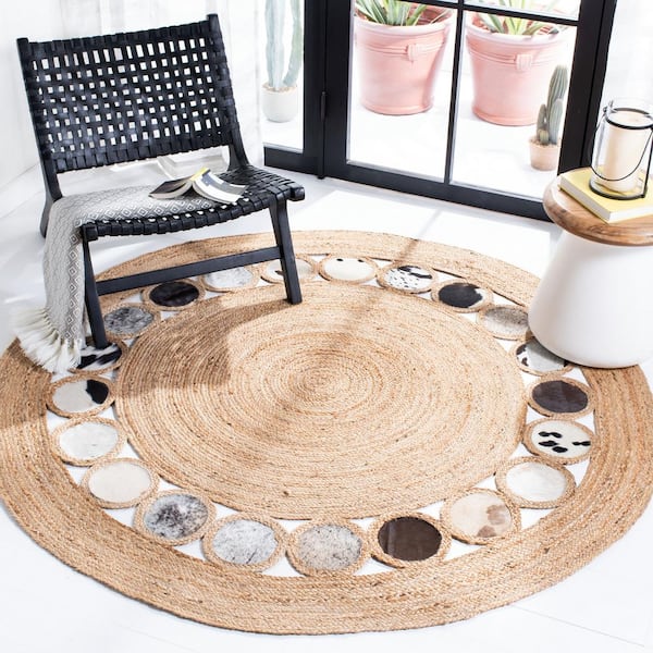 Natural Fiber Beige/Silver 4 ft. x 4 ft. Round Solid Area Rug