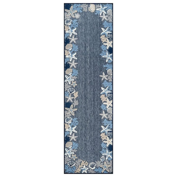 Coastal Border Design Indoor/Outdoor High-Low Textured, Coastal Border, Easy-Clean Patio 2 ft. x 7 ft. Navy Runner Rug
