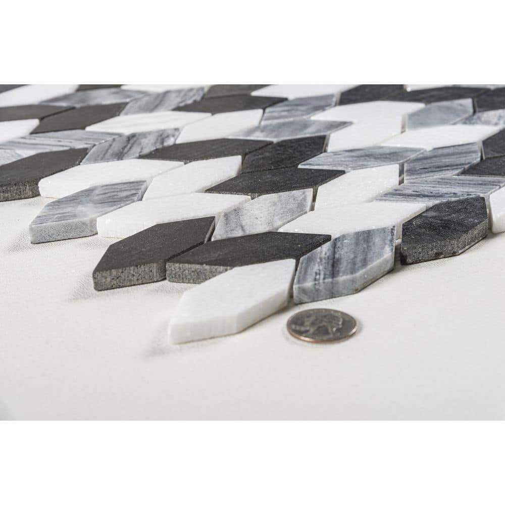 Shadow Gray and White Elongated Hex Marble Mosaic Tile