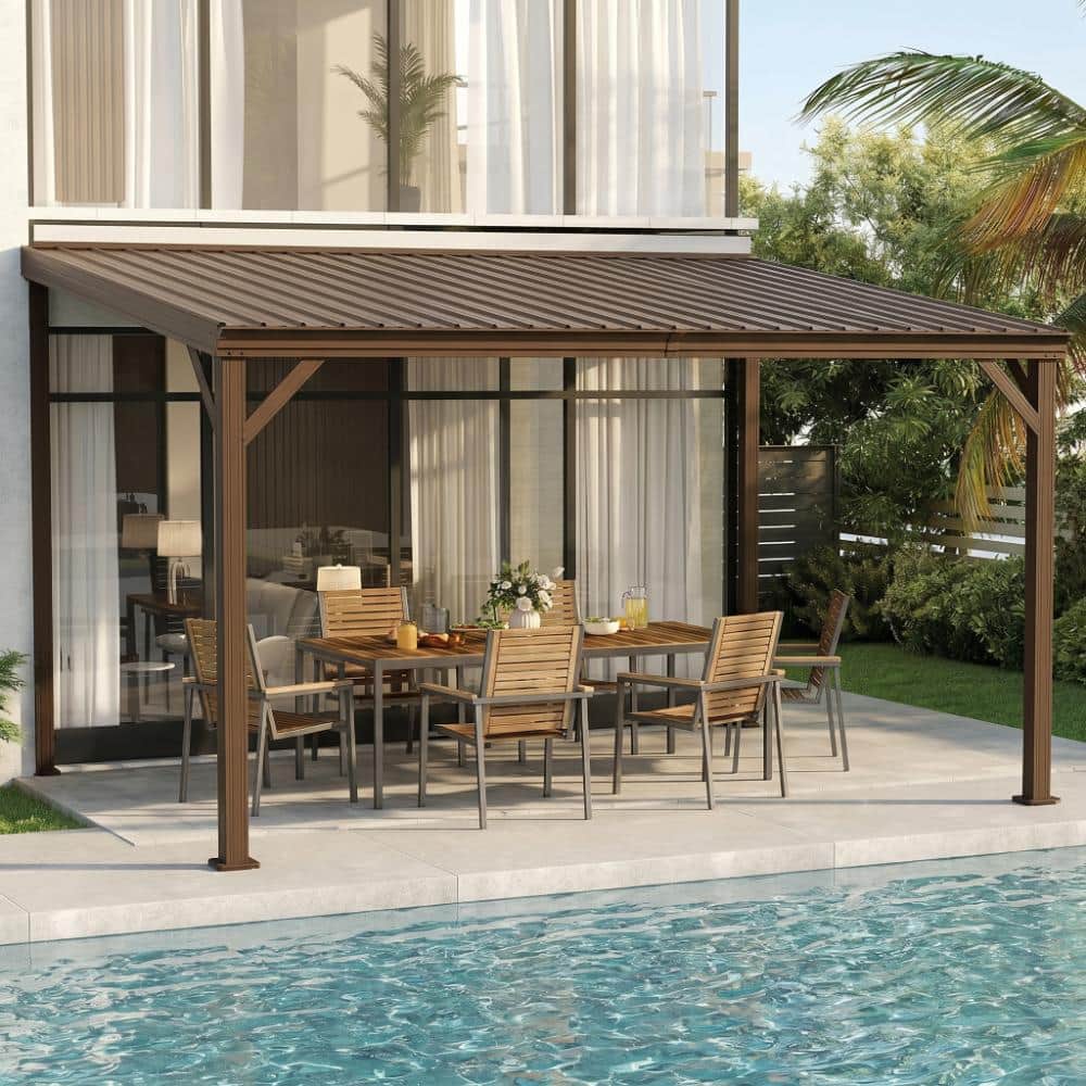 10x14 FT Lean to Wall Mounted Gazebo, Sloping Galvanized Steel Roof with Drainage System, Brown price history on PriceWatchPro