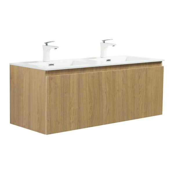 WY 47.3 in. W x 18.9 in. D Double Sink Floating Bath Vanity in Yellow Oak Wood Finish with White Resin Top